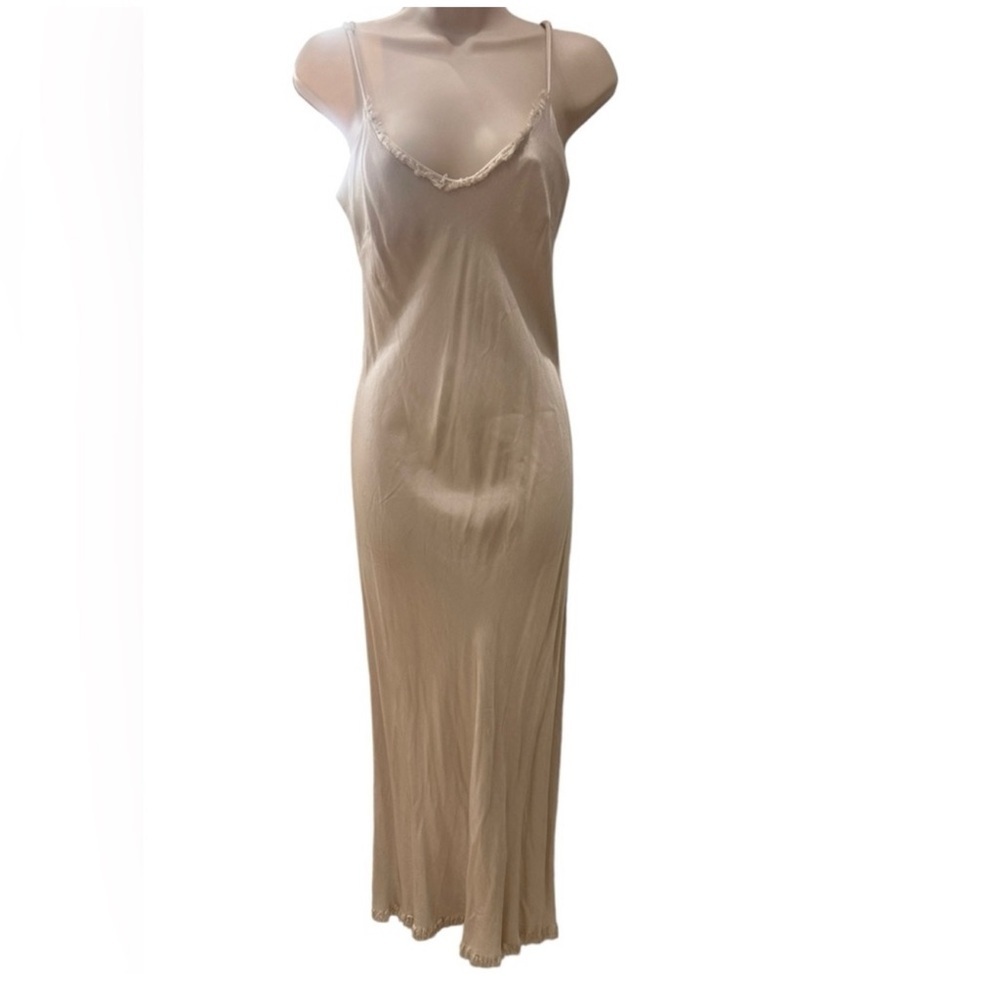 Pharaoh Beige Satin Slip Dress With Frayed Trim, Size P/Xs